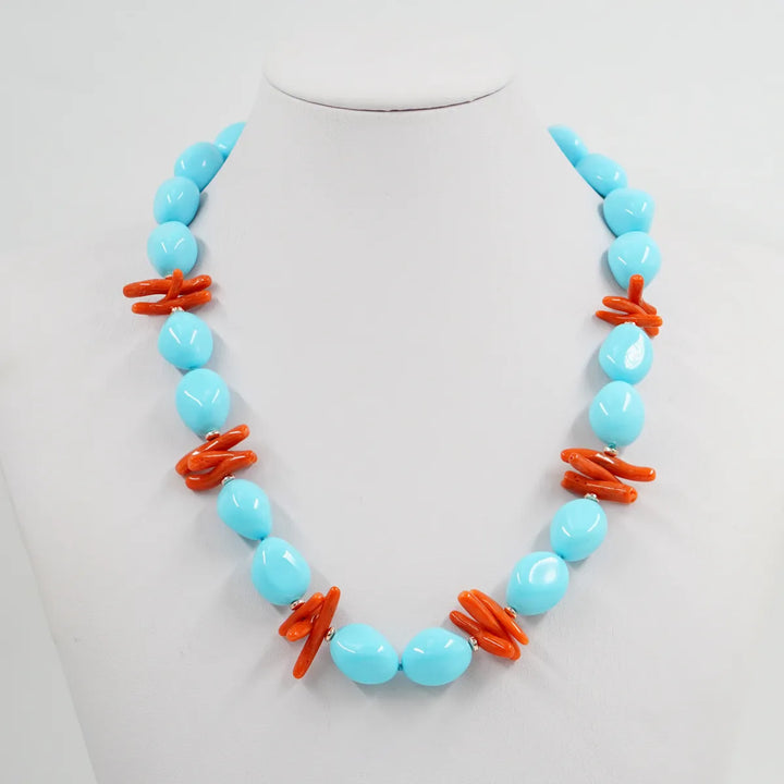Collana pasta di turchese e corallo rosso montato in argento