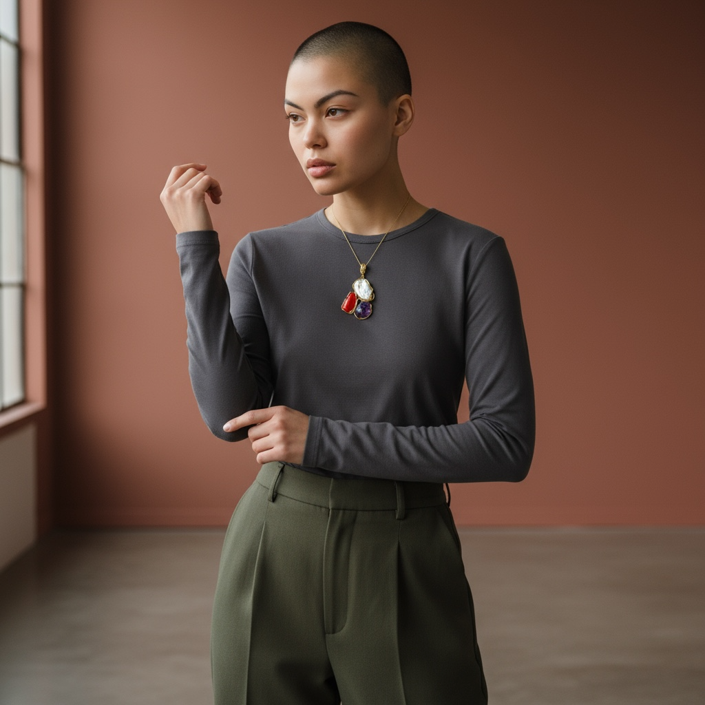 Necklace with Trilogy Pendants of Precious Stones set in Gold-Plated Silver