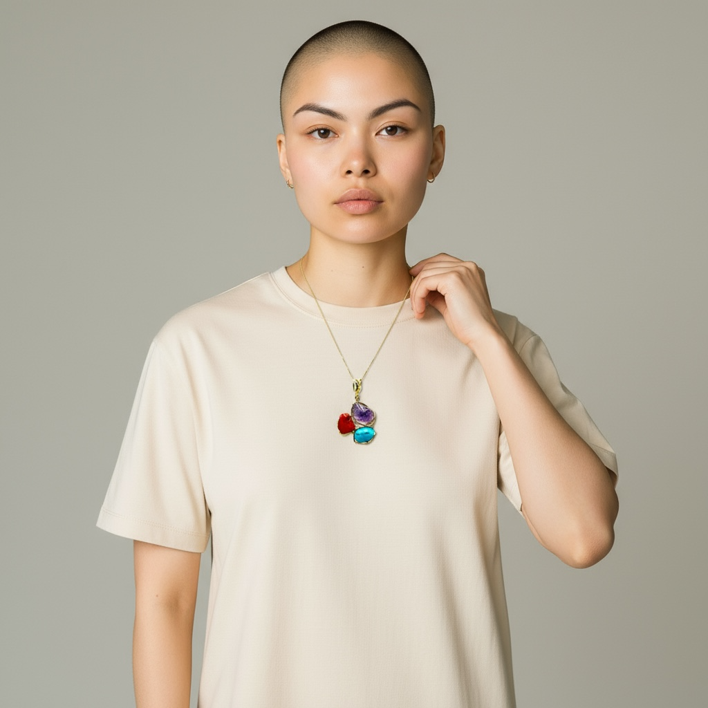 Necklace with Trilogy Pendants of Precious Stones set in Gold-Plated Silver