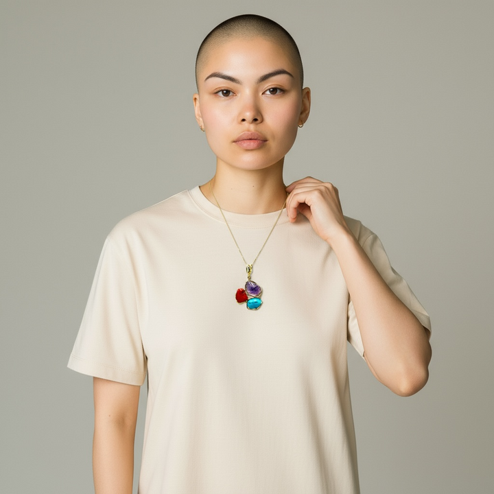 Necklace with Trilogy Pendants of Precious Stones set in Gold-Plated Silver