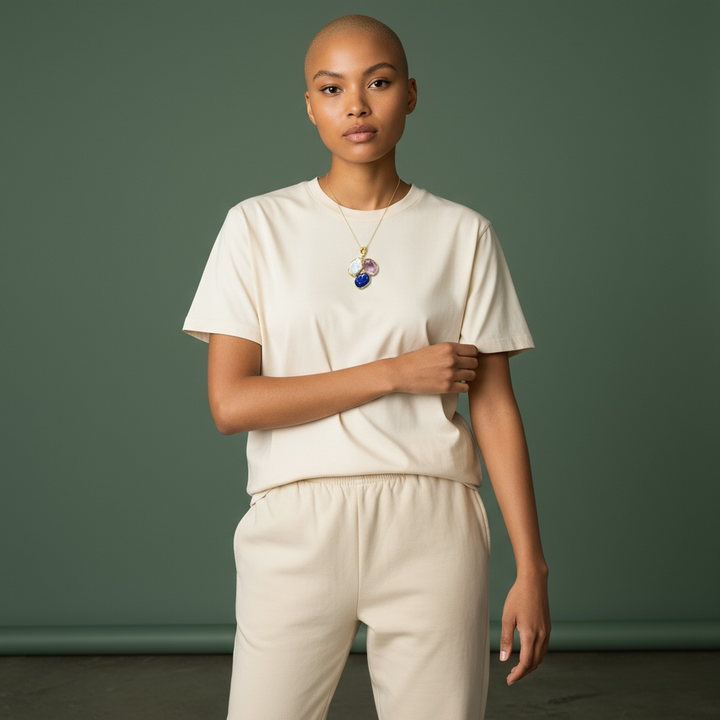 Necklace with Trilogy Pendants of Precious Stones set in Gold-Plated Silver