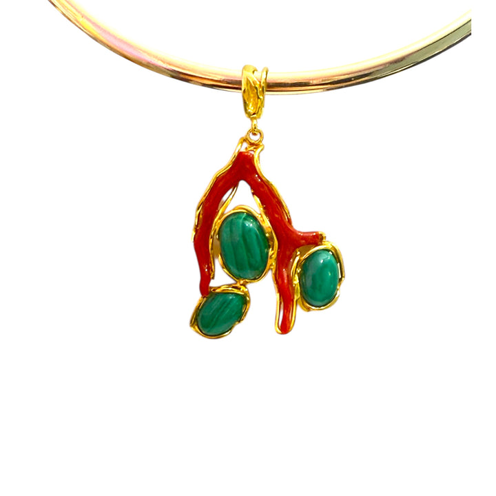 Collana ramo di corallo con acquamarina, perle e malachite