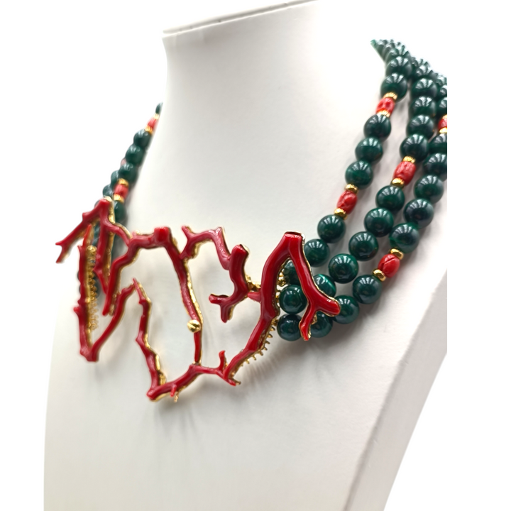 Collana malachite e ramo di corallo montato su argento