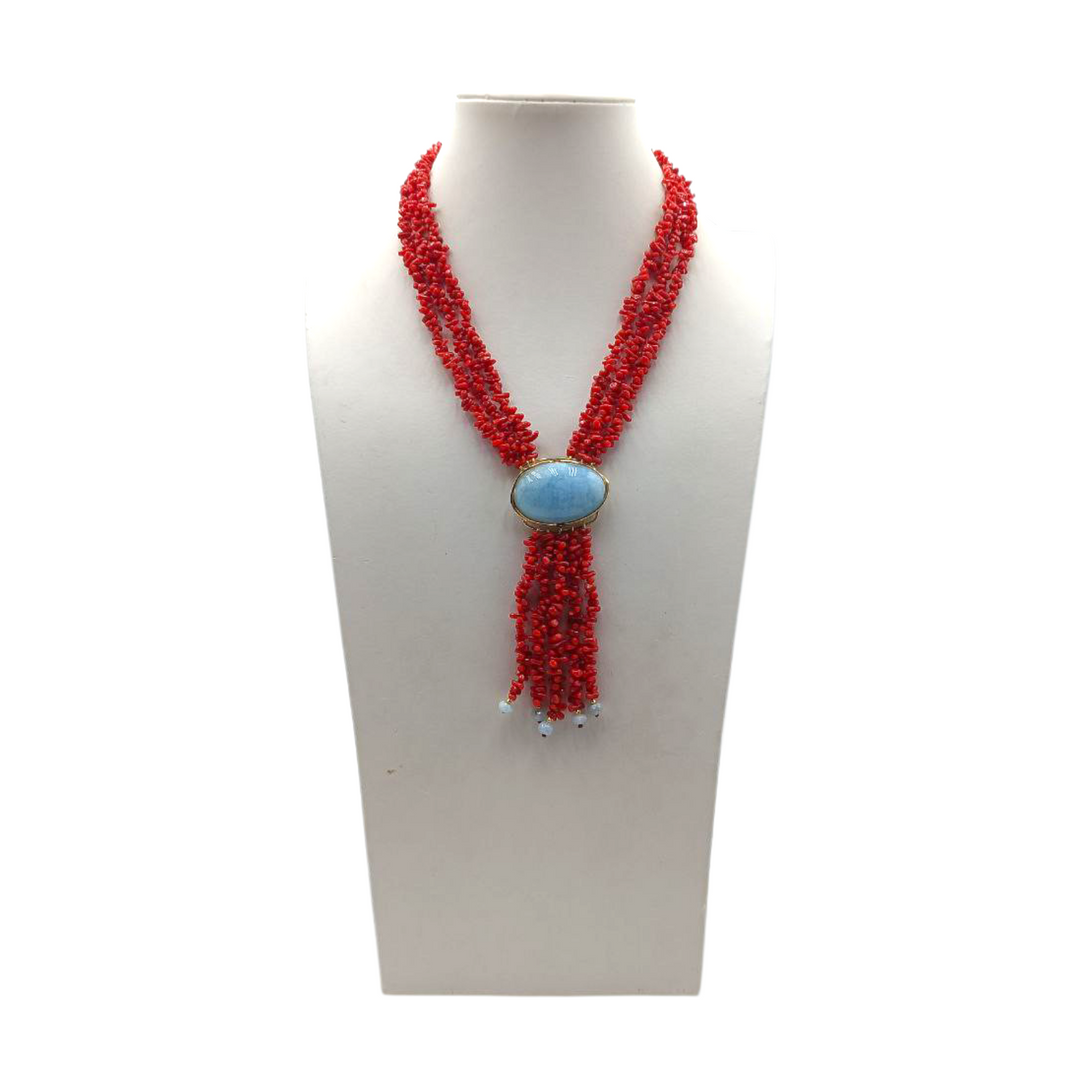Collana di Corallo e Acquamarina montata in Argento Dorato
