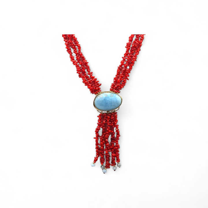 Collana di Corallo e Acquamarina montata in Argento Dorato