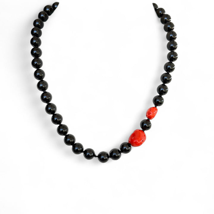 Onyx and coral necklaces mounted in gold-plated silver