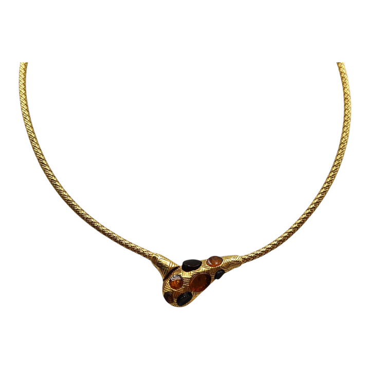 Amber snake rigid necklace mounted on gold plated silver