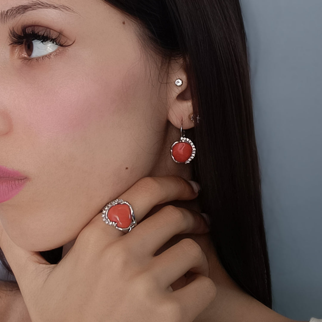 Red coral ring mounted on silver