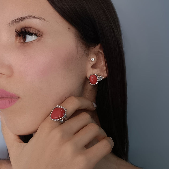 Coral stone ring mounted on silver