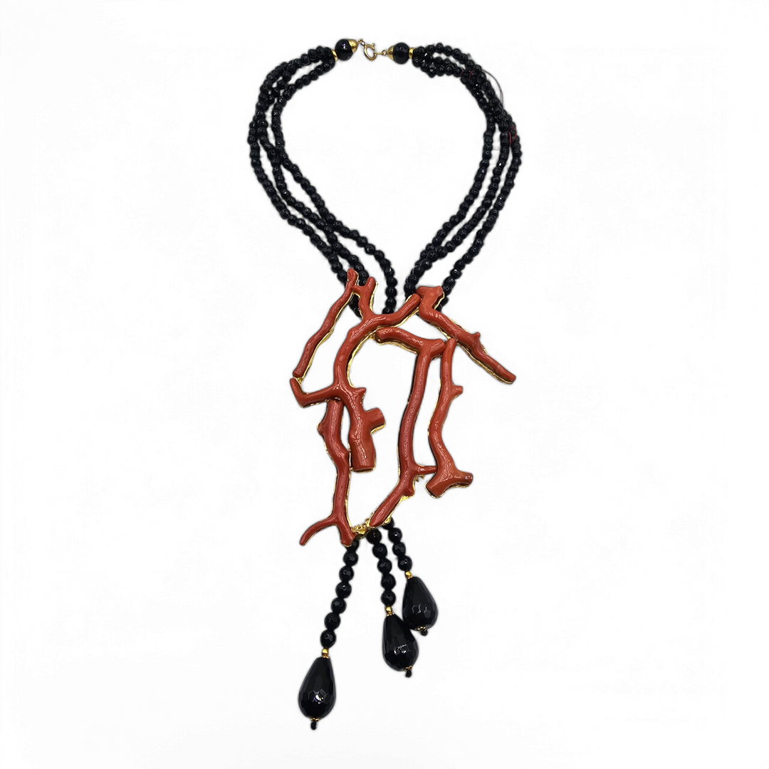 Collana ramo corallo rosso ed agata nera sfaccettata montata su argento