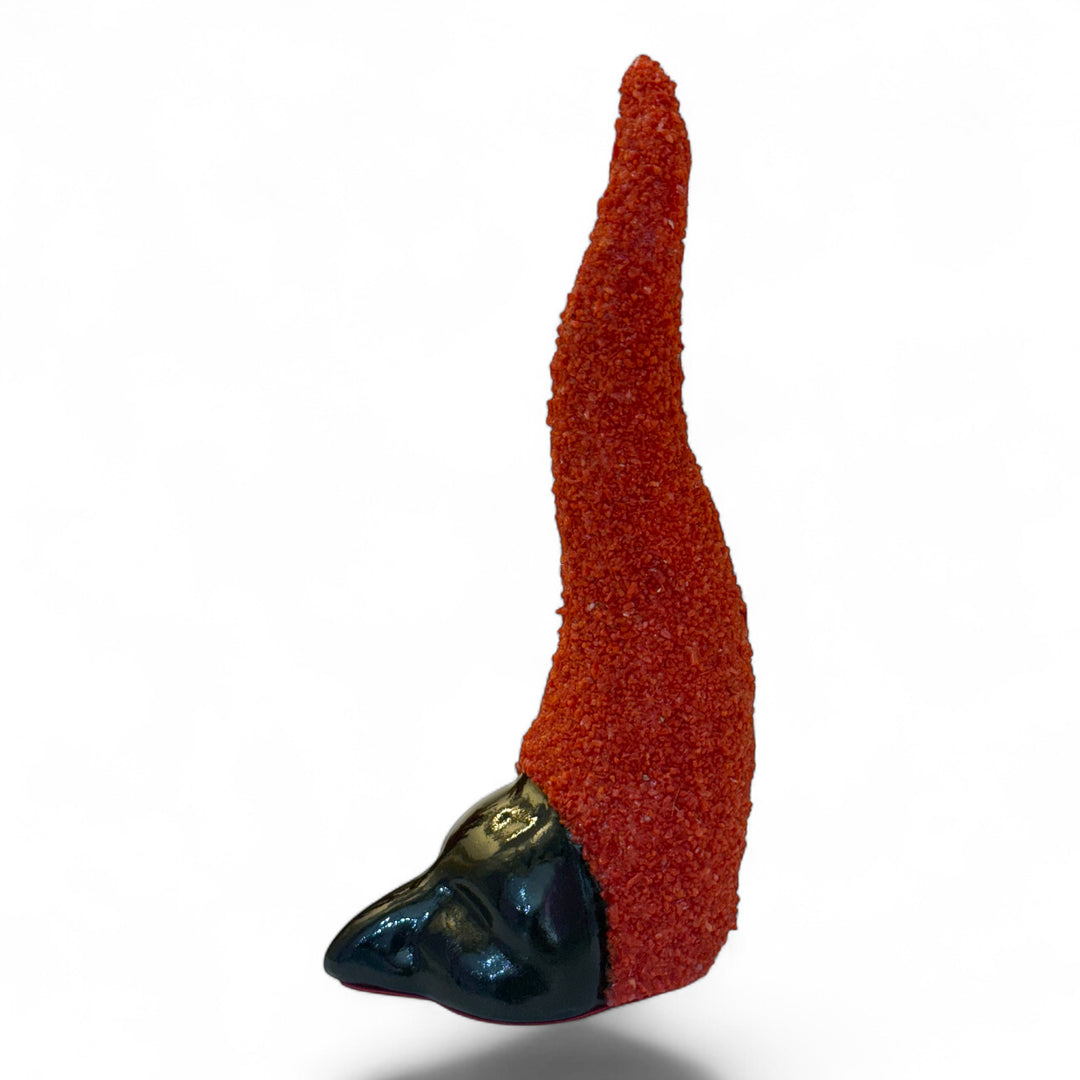 Tabletop Pulcinella horn, in terracotta and coral