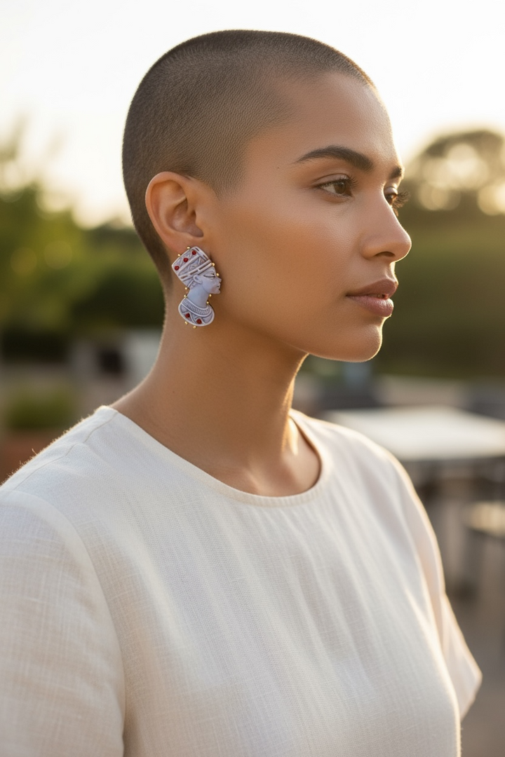 Nefertiti Cameo and Coral Earrings Set in Gold-Plated Silver