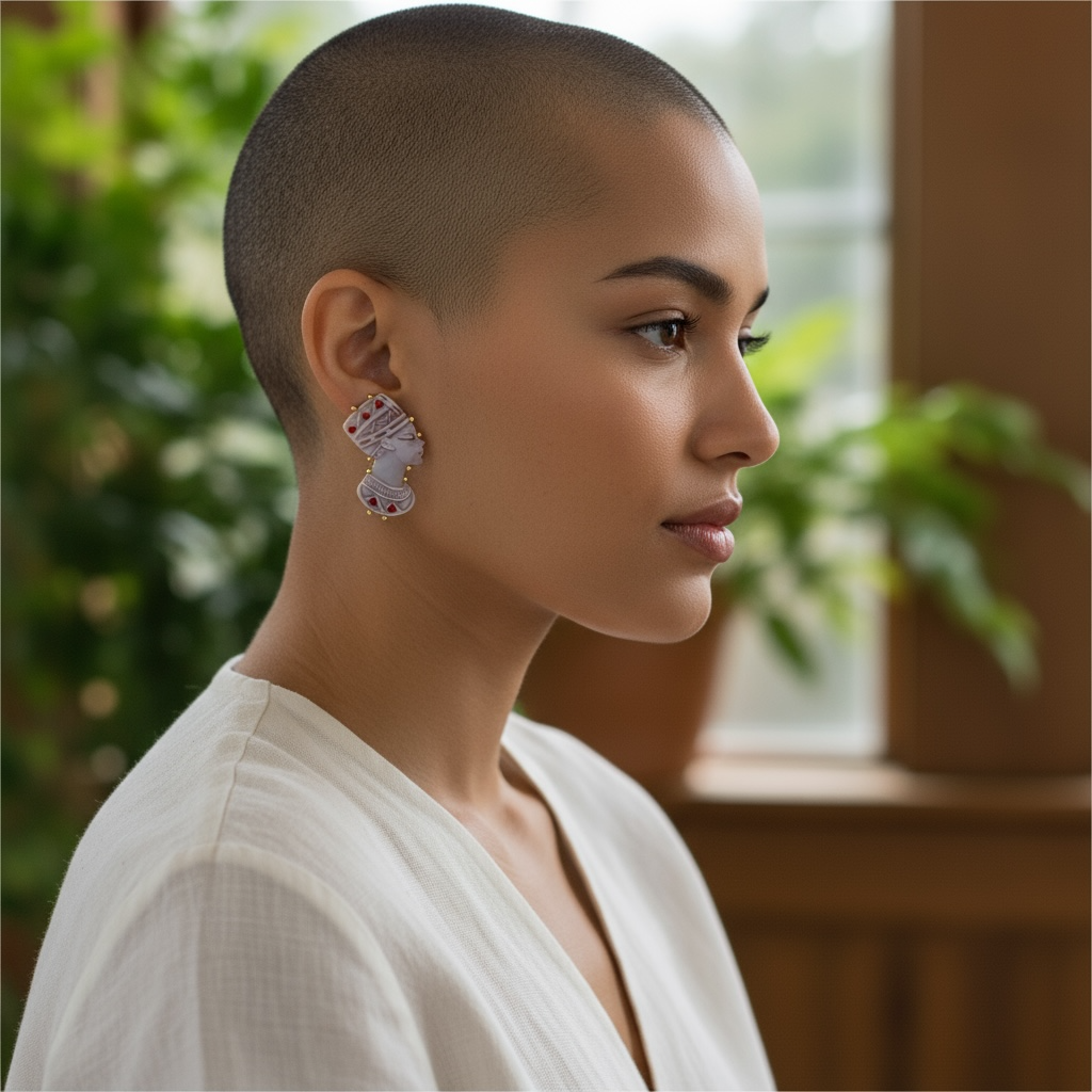 Nefertiti Cameo and Coral Earrings Set in Gold-Plated Silver