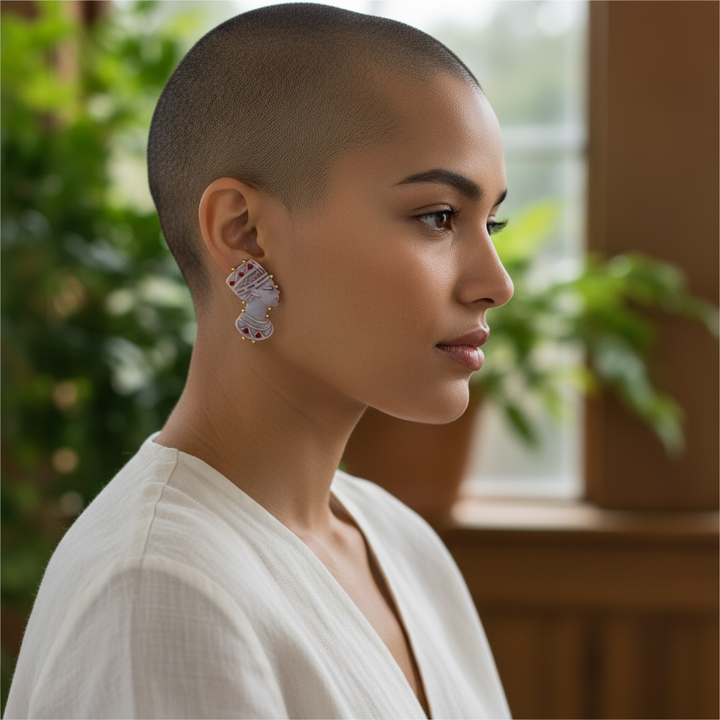 Nefertiti Cameo and Coral Earrings Set in Gold-Plated Silver