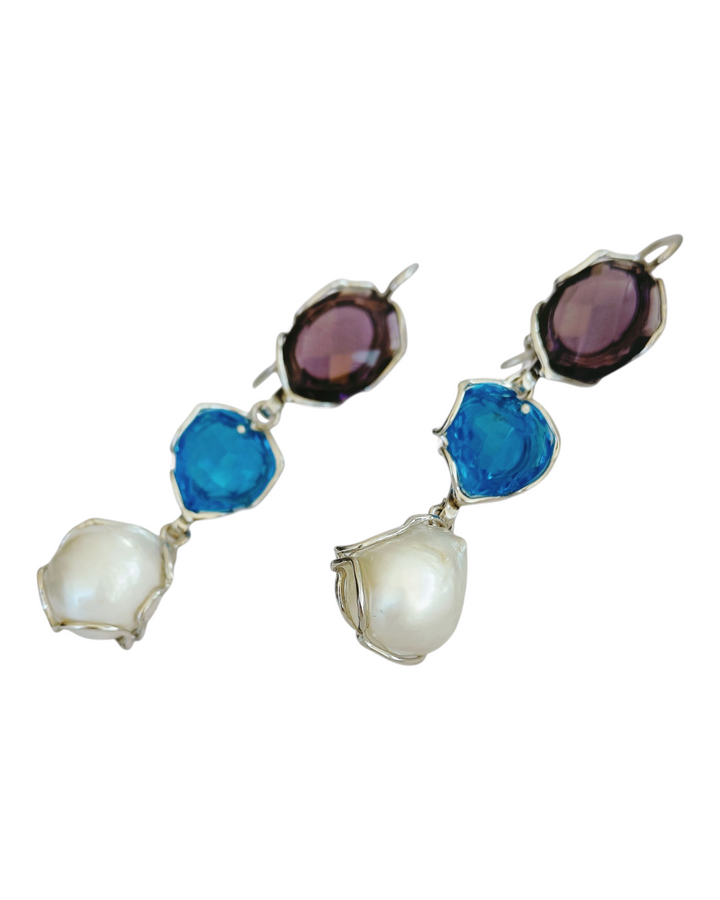 END OF COLLECTION - Pearl - topaz - smoky quartz earrings mounted on silver