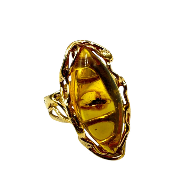 End of collection - Yellow amber ring with insect mounted in silver