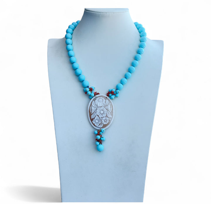 Fine collection - sardonic cameo flower necklace mounted on turquoise paste
