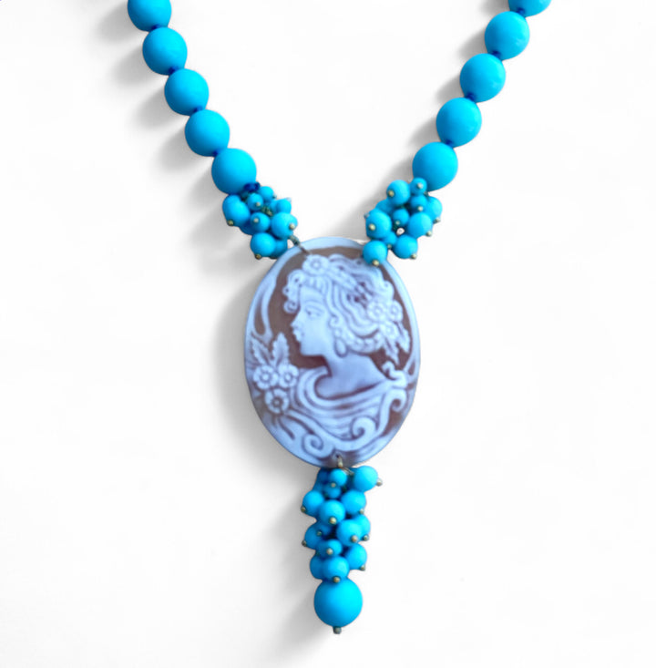 Fine collection - sardonic cameo flower necklace mounted on turquoise paste
