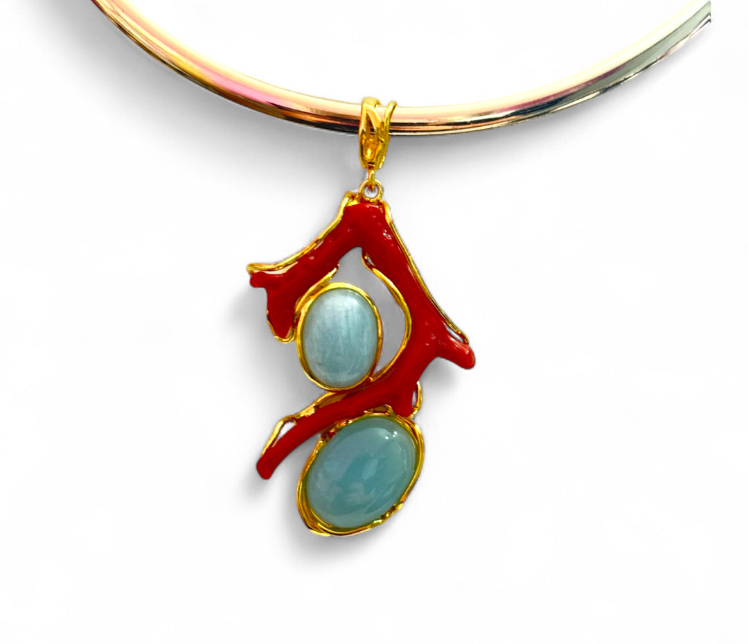 Coral branch necklace with aquamarine, pearls and malachite