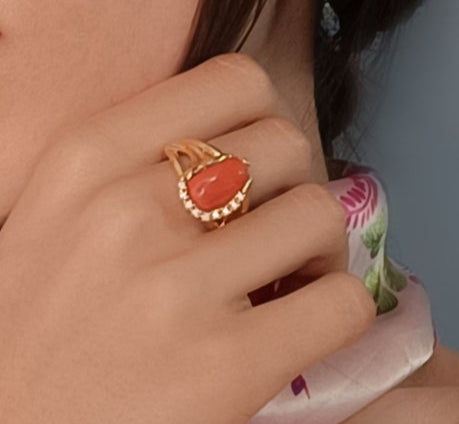Valentine's Day Gift Idea - Red Coral Stone and Zirconia Ring Mounted on Silver