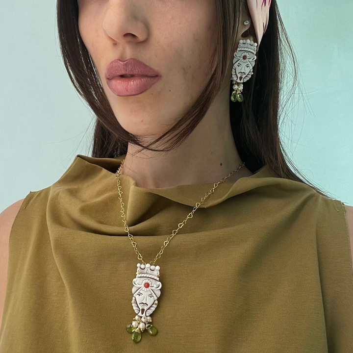 Sicily Collection - Moorish pendants for him and her in cameo mounted on silver, pearls and green peridot