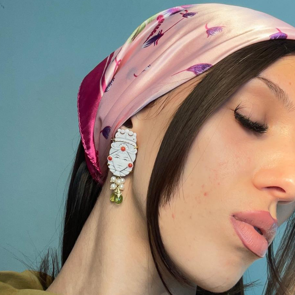 Sicily Collection - Sicilian Moorish earrings for him and her in cameo mounted on silver, pearls and peridot