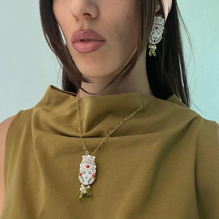 Sicily Collection - Moorish pendants for him and her in cameo mounted on silver, pearls and green peridot