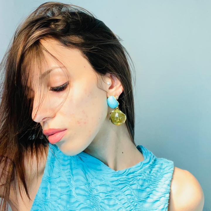 Amber and turquoise pendant earrings mounted on silver
