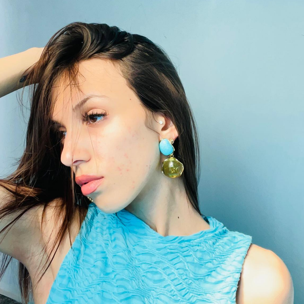 Amber and turquoise pendant earrings mounted on silver
