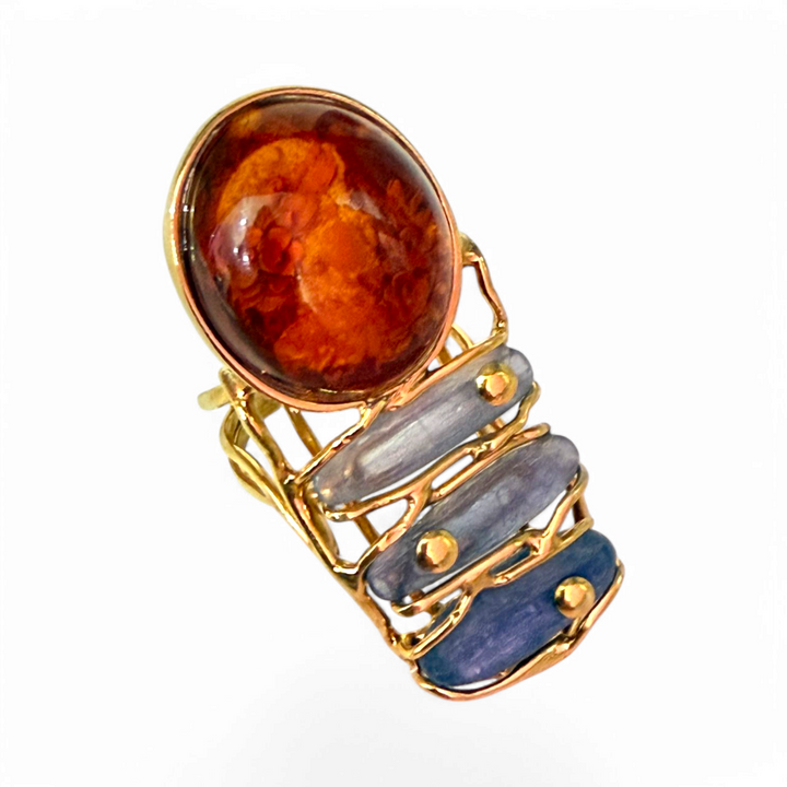 Amber and Kyanite Goddess Ring Mounted on Silver