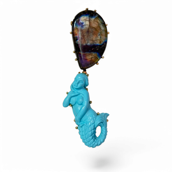 Mermaid necklace in turquoise paste and labradorite mounted on silver