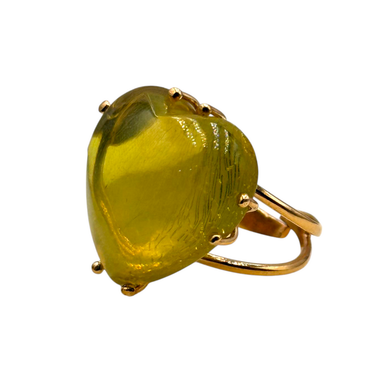 Baltic Sea Green Amber Heart Ring Mounted on Silver