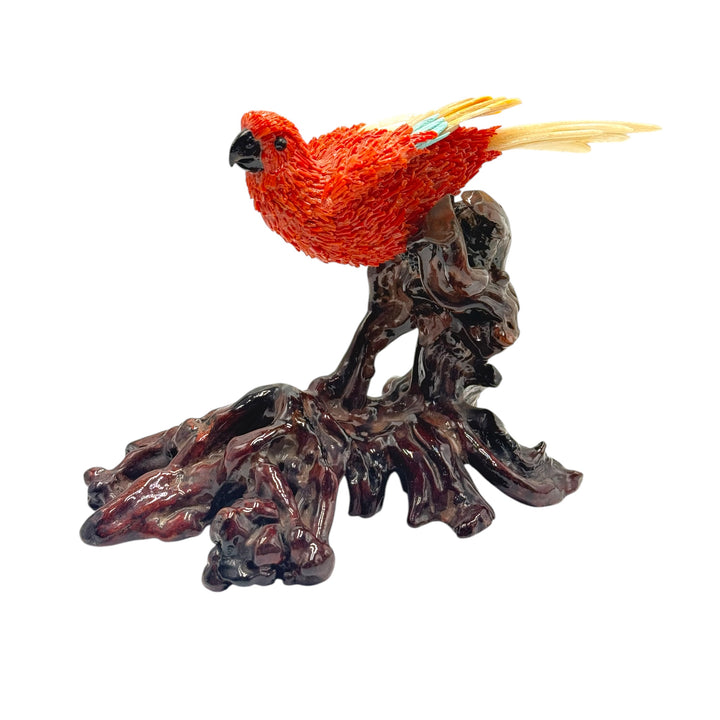 Coral and mother of pearl parrot - table accessory mounted on ebony wood