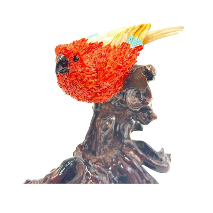 Coral and mother of pearl parrot - table accessory mounted on ebony wood
