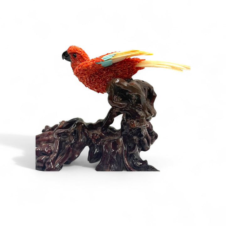 Coral and mother of pearl parrot - table accessory mounted on ebony wood