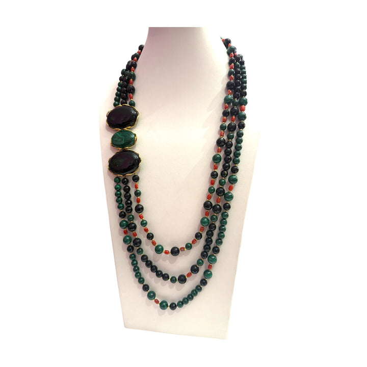 Multi-strand necklace in onyx, malachite and coral mounted on silver