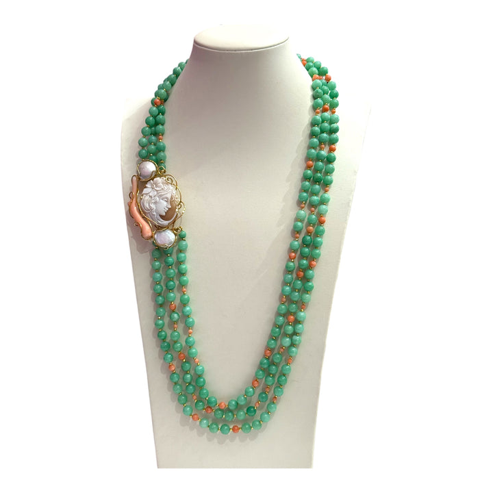 Multi-strand necklace in green jade, pink coral, cameo and pearls mounted on silver