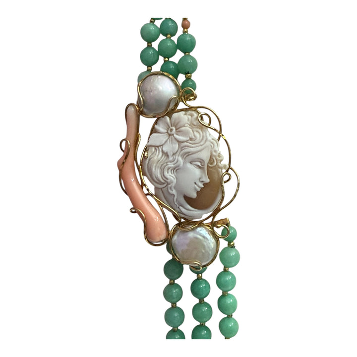 Multi-strand necklace in green jade, pink coral, cameo and pearls mounted on silver