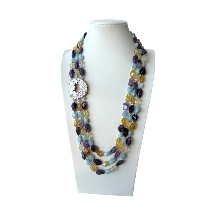 Multi-strand necklace "The Sisters" in sardonic cameo mounted on amethyst, citrine, aquamarine and silver