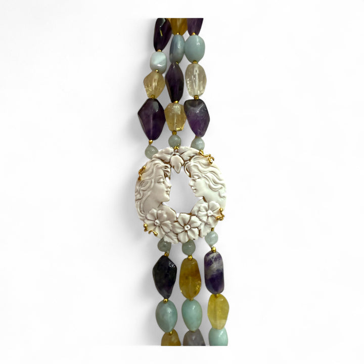Multi-strand necklace "The Sisters" in sardonic cameo mounted on amethyst, citrine, aquamarine and silver