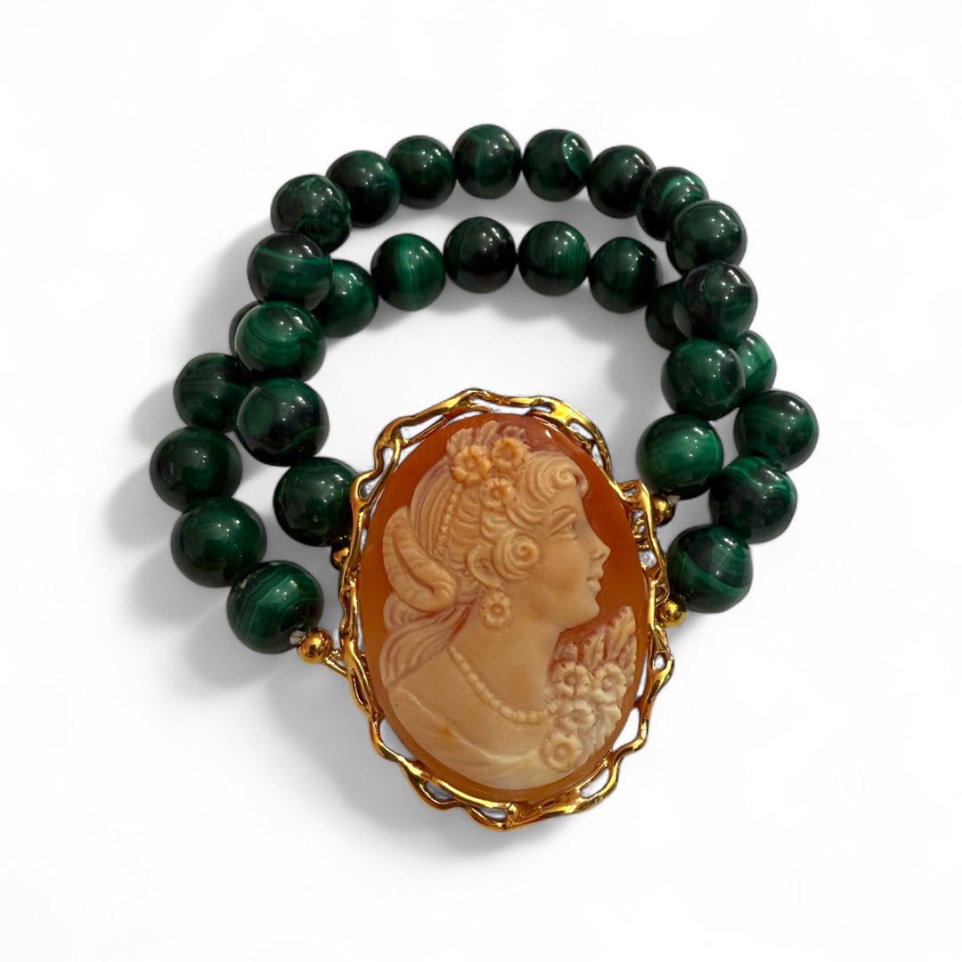 “Lady Malachite” bracelet with carnelian and malachite cameo set in silver