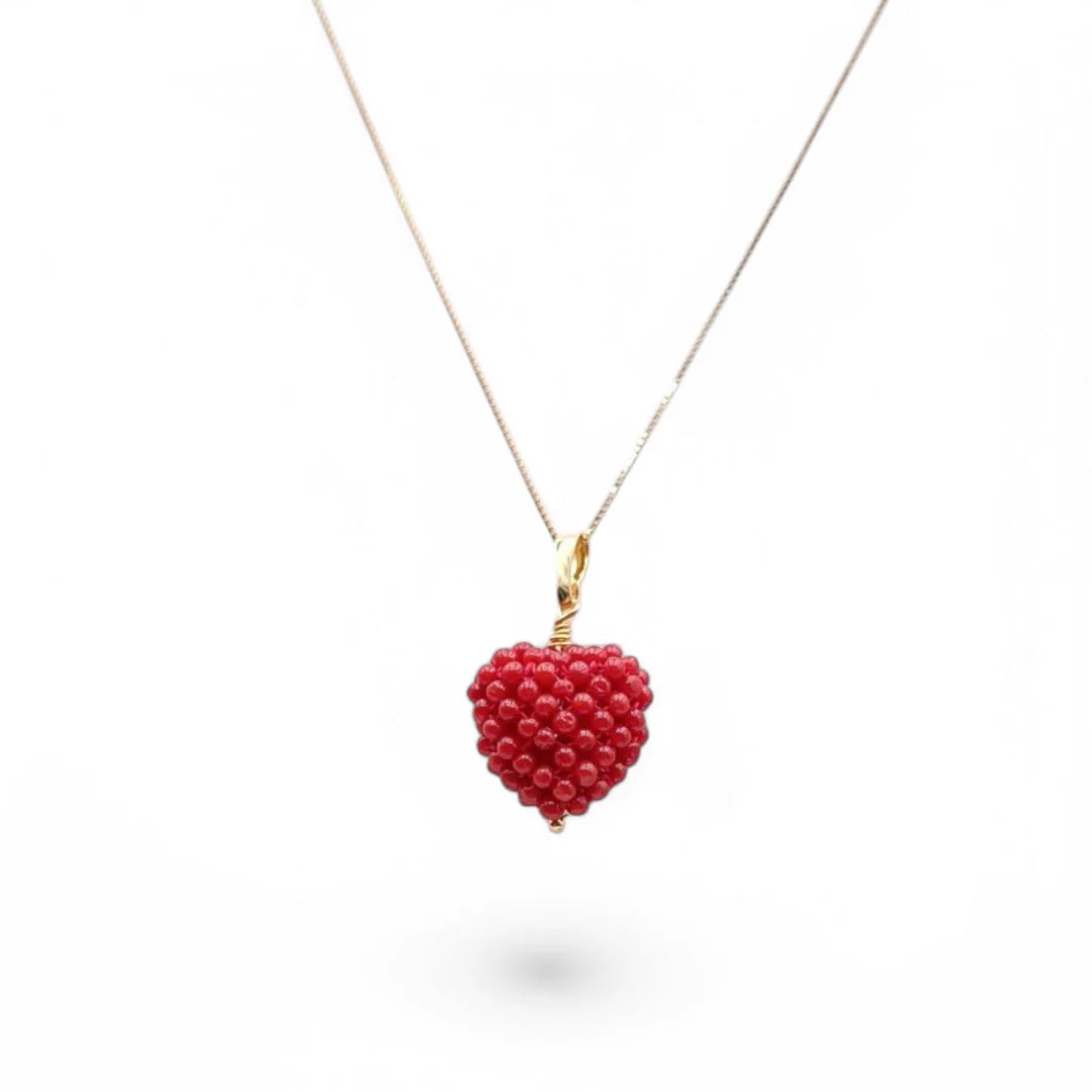Mother's Day gift idea - woven coral heart necklace mounted on silver