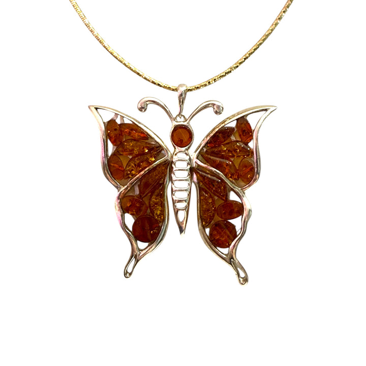 Baltic amber butterfly pendant necklace, set in silver