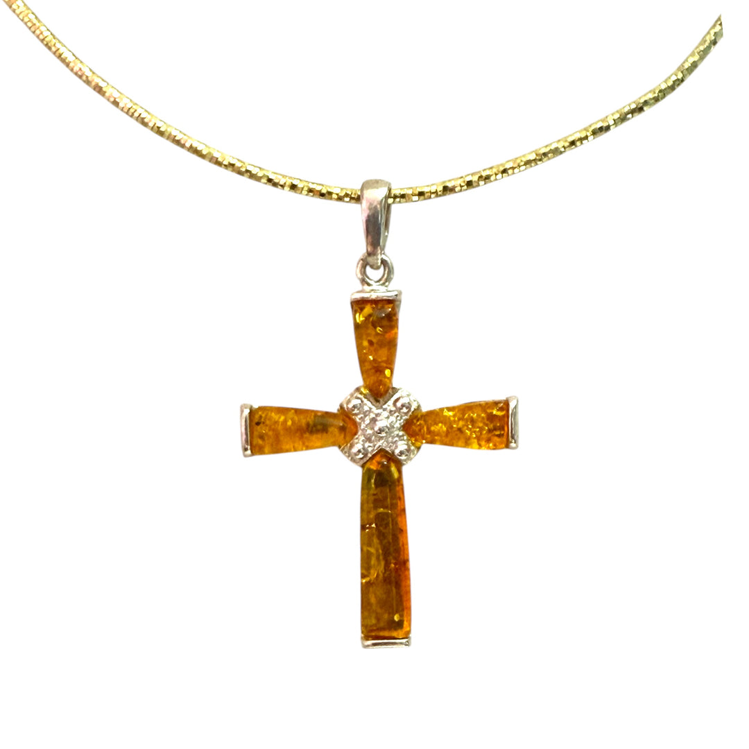 Baltic Amber "Cross" Pendant Necklace Mounted on Silver