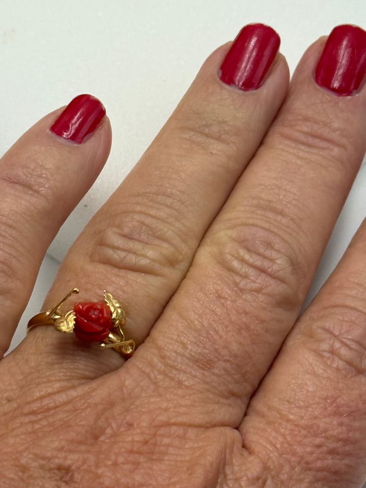Pink Red Coral Ring set in Gold-Plated Silver