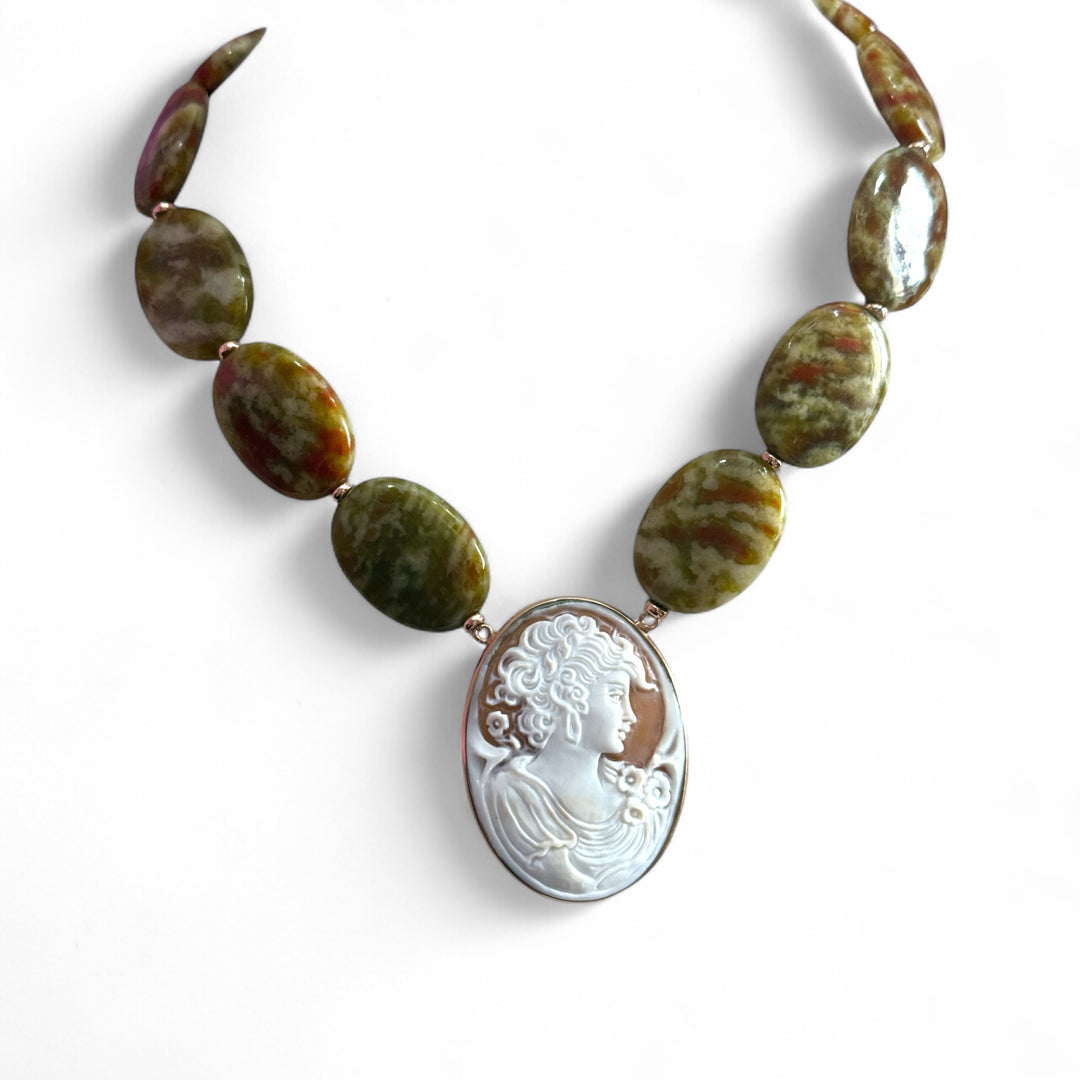 "Lady" pendant necklace made of sardonic cameo mounted on silver and jasper necklace