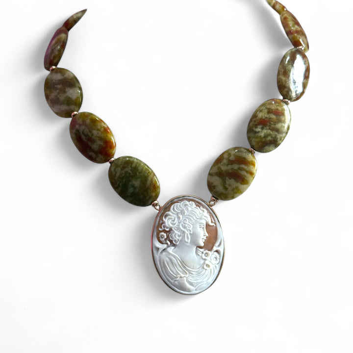 "Lady" pendant necklace made of sardonic cameo mounted on silver and jasper necklace