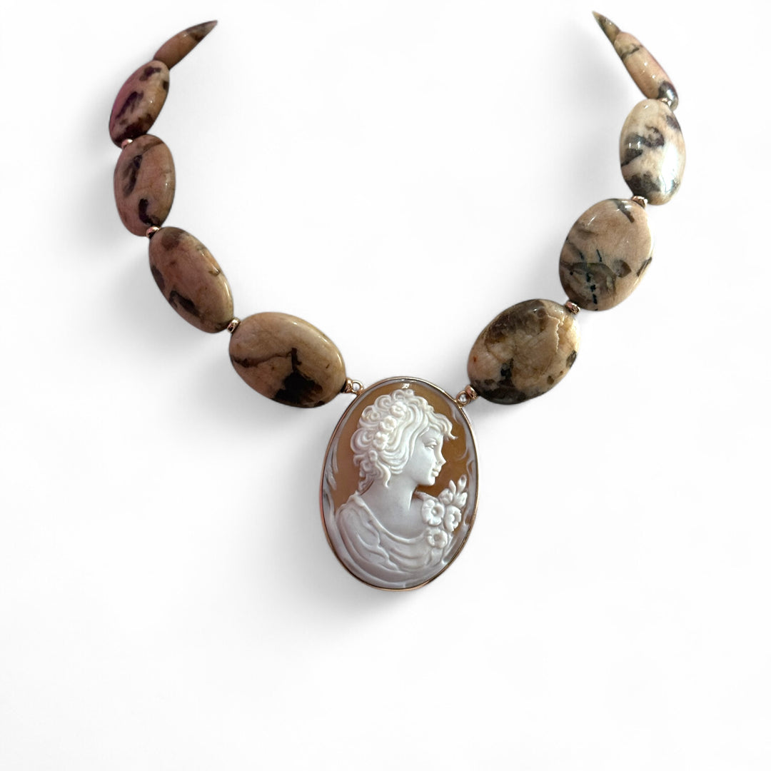 "Lady" pendant necklace made of sardonic cameo mounted on silver and jasper necklace