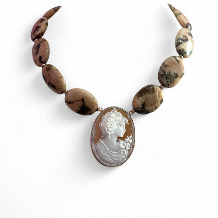 "Lady" pendant necklace made of sardonic cameo mounted on silver and jasper necklace