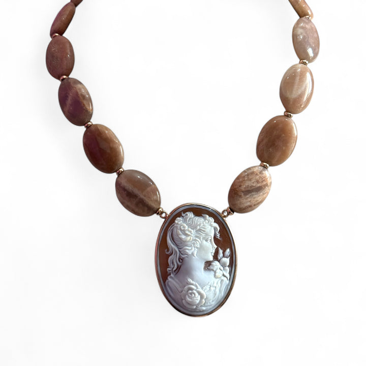 "Lady" pendant necklace made of sardonic cameo mounted on silver and jasper necklace